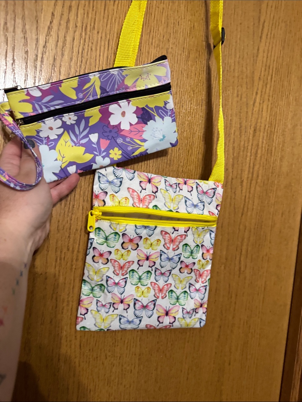 Kids Butterfly Print Crossbody Bag with Yellow Trim with purple pouch set